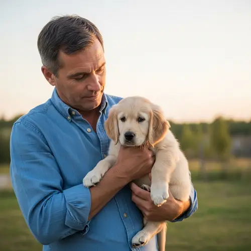 Compassionate Man Comforting Sad Golden Retriever Puppy Outdoors