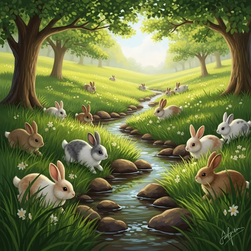 Nature's Harmony: Charming Bunnies in Idyllic Setting Nature's Harmony: Charming Bunnies in Idyllic Setting