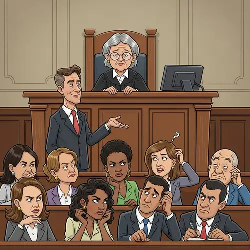 Humorous Legal Ethics Cartoon | Diverse Characters in a Courtroom