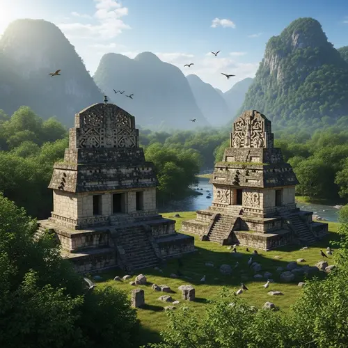 Ancient Mayan Temples in Serene Forest Landscape