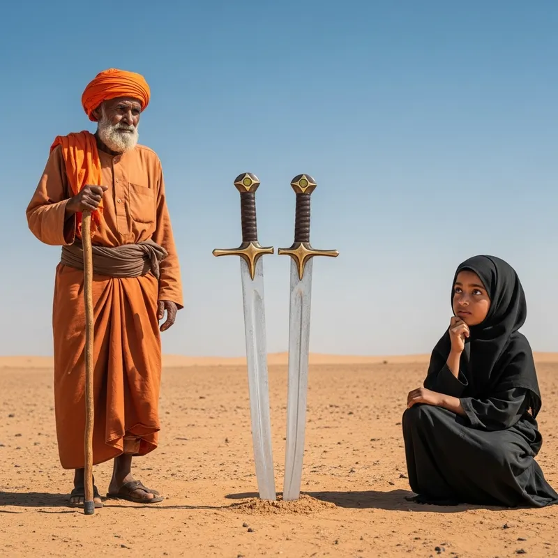 Remote Sandy Landscape with Zulfiqar Sword, Elderly Man, and Girl in Black Hijab