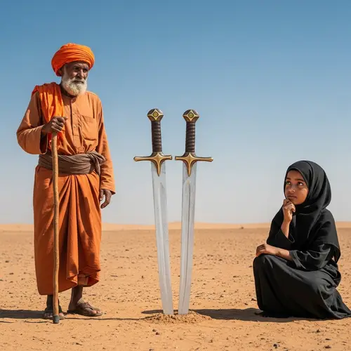 Sandy Landscape with Zulfiqar Sword, Elderly Man, and Girl in Black Hijab