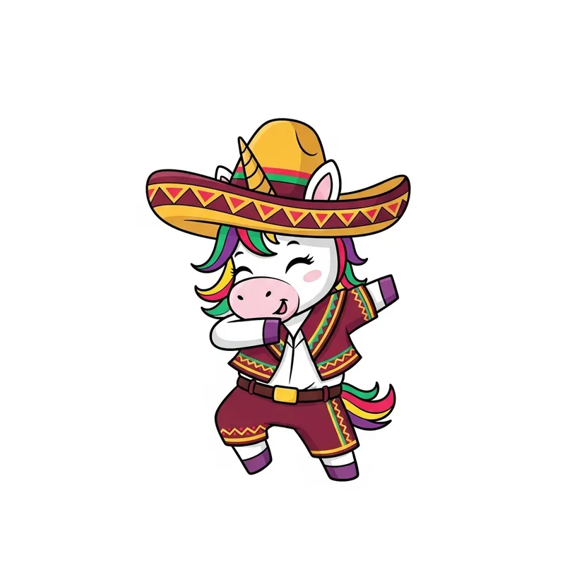 Childlike Cartoon Unicorn Dancing in Mexican Attire