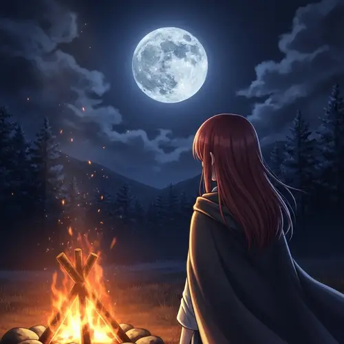 Moonlit Night Scene with Young East Asian Girl Near Roaring Fire