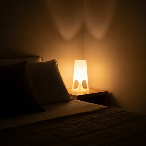 Relaxing Bedroom Scene with Cozy Lamp and Bedspread