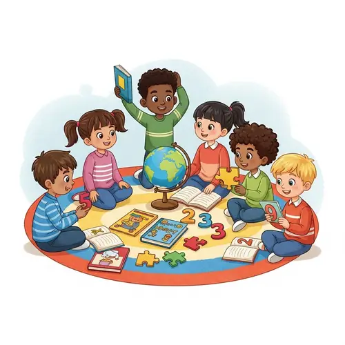 Diverse Children Learning Together with Books and Globe