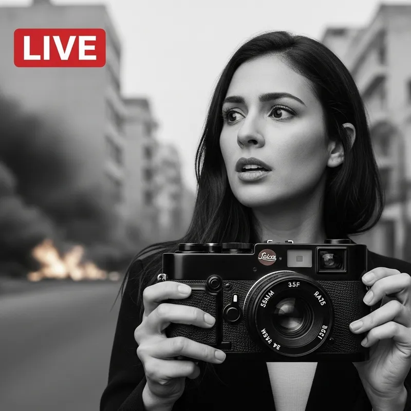 Courageous Hispanic Female Reporter Amidst City Havoc | Photojournalism
