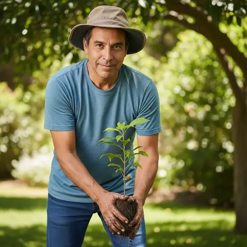 Tall Hispanic Man Planting Tree in Scenic Garden