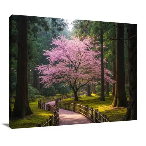 Tranquil Japanese Forest Landscape with Sakura Tree