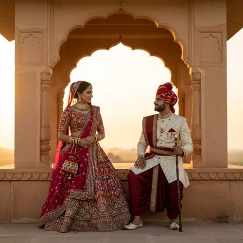 Rajasthani Couple in Traditional Attire Conversing Under Jharokha