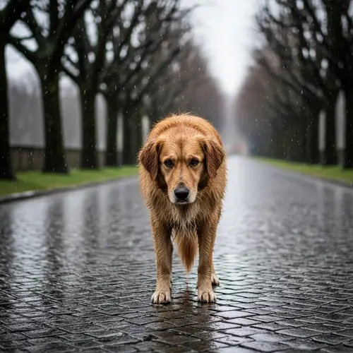Melancholic Dog Stands Alone In Rain | Reflective Moment