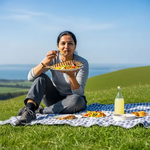 Serene Picnic Scene: South Asian Woman Enjoying Grilled Fish Outdoors