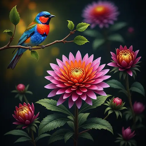 Radiant Flower & Colorful Bird in Lush Garden - Nature's Beauty