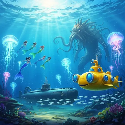 Magical Underwater Scenery with Mermaids and Submarines