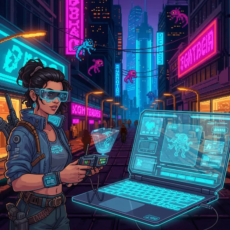 8-Bit Cyberpunk City: Bug Hunter and Futuristic Laptop