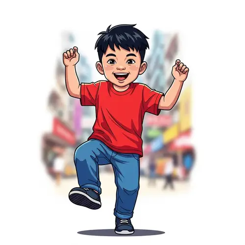 Young Hong Kong Boy Illustration in Red T-shirt & Blue Jeans