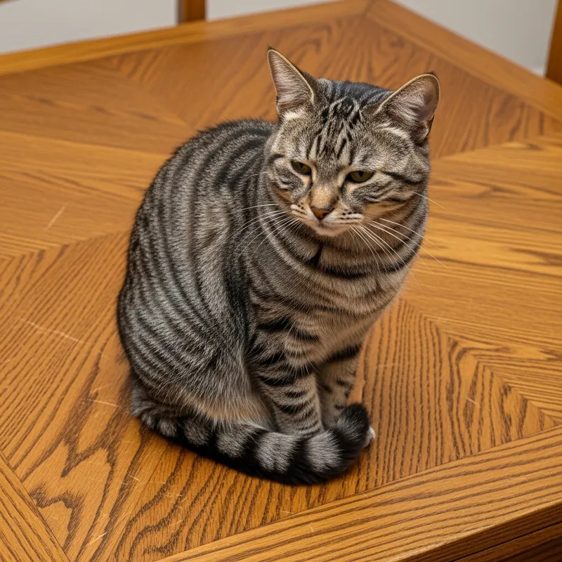 Fluffy Gray Cat Relaxing on Vintage Oak Table