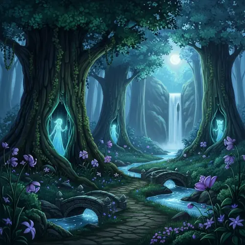 Enchanted Forest - Ethereal Beings, Magical Glow, Waterfall