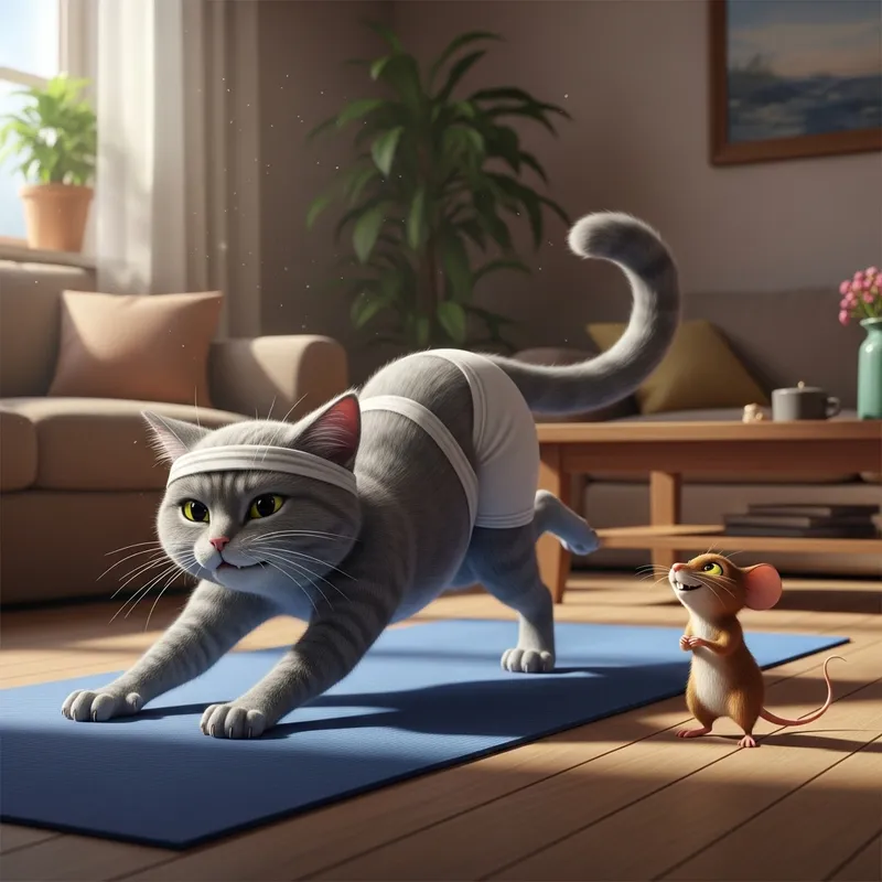 Tom and Jerry Yoga Fun: Playful Cat and Mischievous Mouse in Living Room Tom and Jerry Yoga Fun: Playful Cat and Mischievous Mouse in Living Room