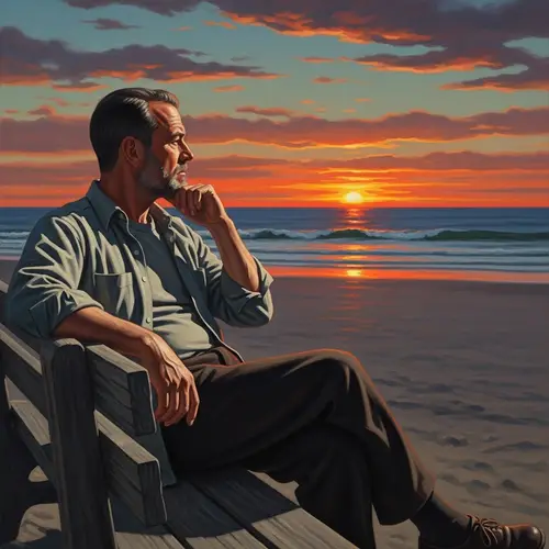 Middle-Aged Man Enjoying Sunset by the Beach