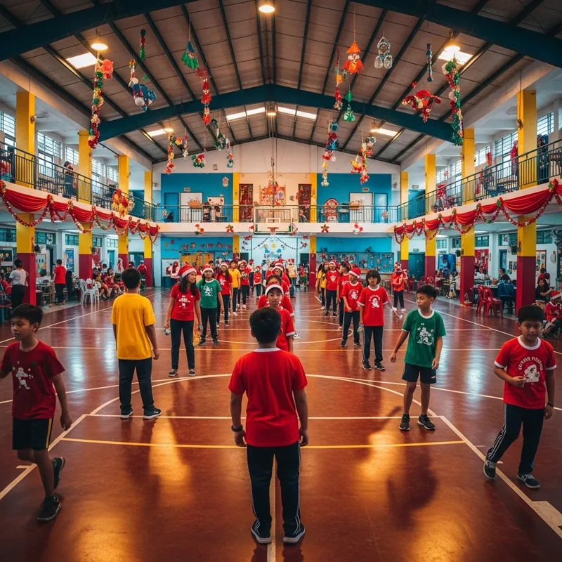 Festive Christmas Party Atmosphere in Colorful School Gym