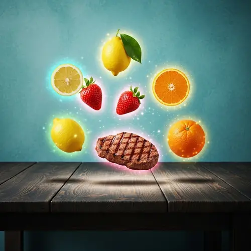 Surreal Food Art: Vibrant Fruits and Steak on Wooden Table