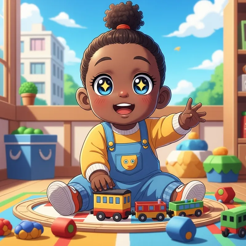 Animated Black Toddler Playing with Toy Train Set Animated Black Toddler Playing with Toy Train Set