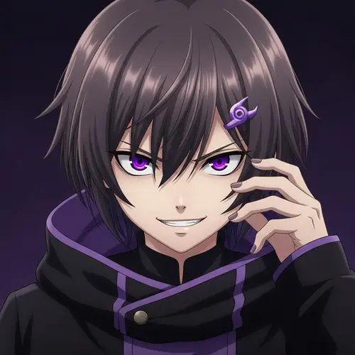 Anime Style Young Boy with Threatening Eyes and Purple Pupils