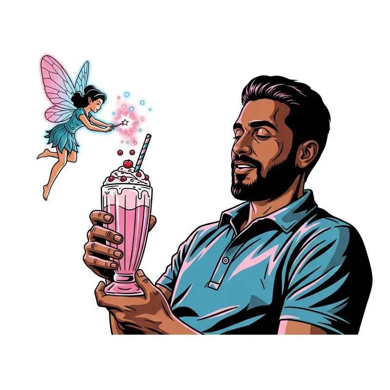 Fantasy Man Enjoying Magical Milkshake with Fairy - Vibrant Stencil Art Fantasy Man Enjoying Magical Milkshake with Fairy - Vibrant Stencil Art