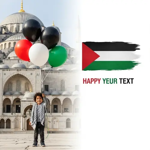 Joyful Child with Palestinian Flag Balloons at Al-Aqsa Mosque