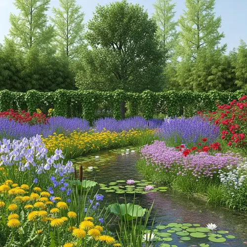 Serene Streamside Blooms and Greenery