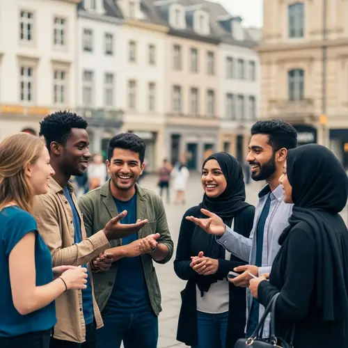 Global Social Scene with Diverse Group in City Square