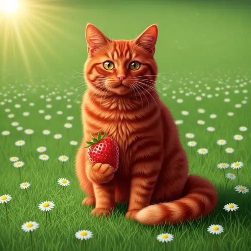 Whimsical Red Cat Enjoys Sunny Strawberry Field