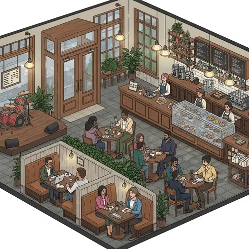 Cozy Rustic-Themed Cafe Layout with Diverse Customers and Live Music