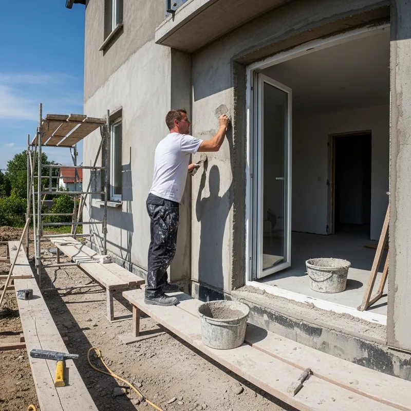 Documentary Construction Photography: House Exterior Worker Plastering