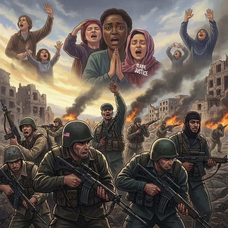 The Devastation of War: Diverse Soldiers Fighting Amidst Pleas for Justice