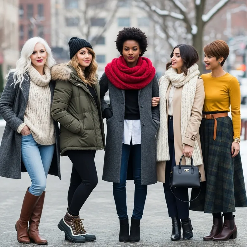 Five Women Showcasing Winter Hair Colors: White, Brown, Black, Short Brown-Red