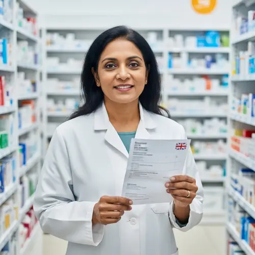 Middle-aged South Asian Female Pharmacist in London Pharmacy