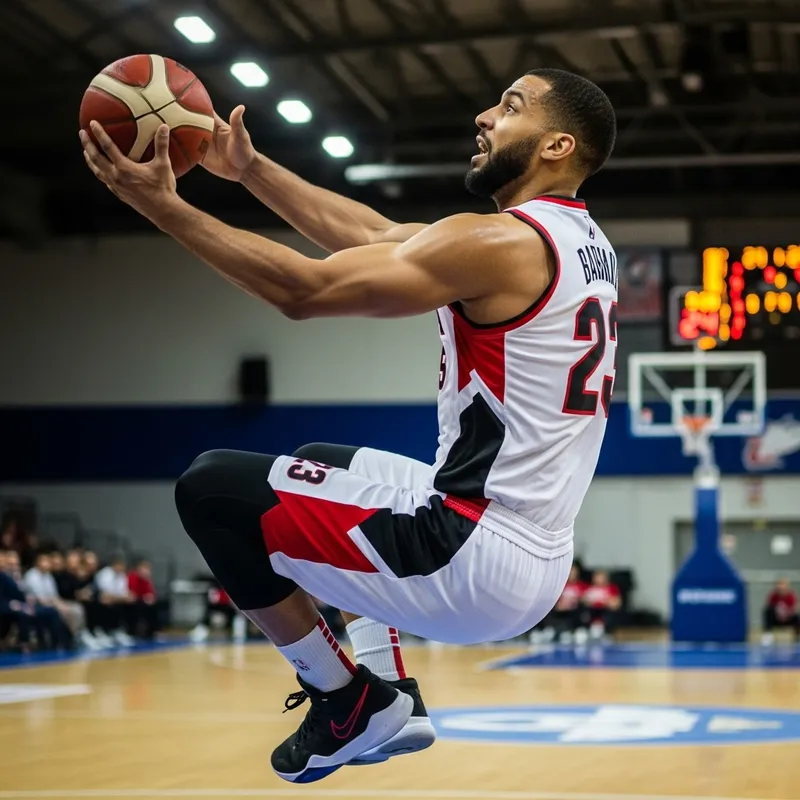 Skilled Basketball Player Layup in Red, White & Black Uniform