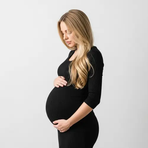 Stylish 42 Week Pregnant Woman with Long Blonde Hair