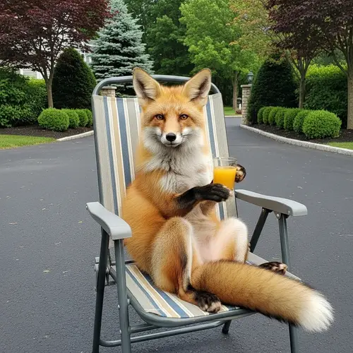 Red Fox Relaxing in Suburban Driveway with Juice Glass