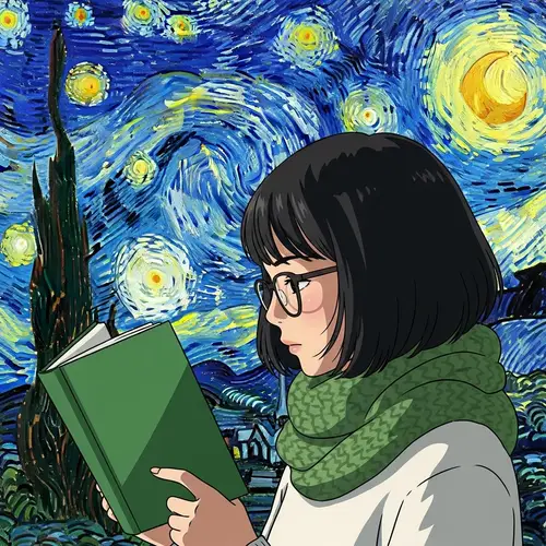 East Asian Girl Reading Book with Green Cover | Inspired Art Scene