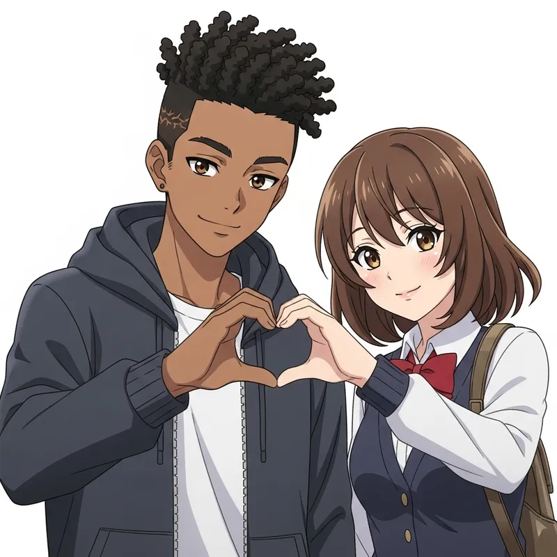 African American Anime Teenagers with Hand Heart Gesture African American Anime Teenagers with Hand Heart Gesture