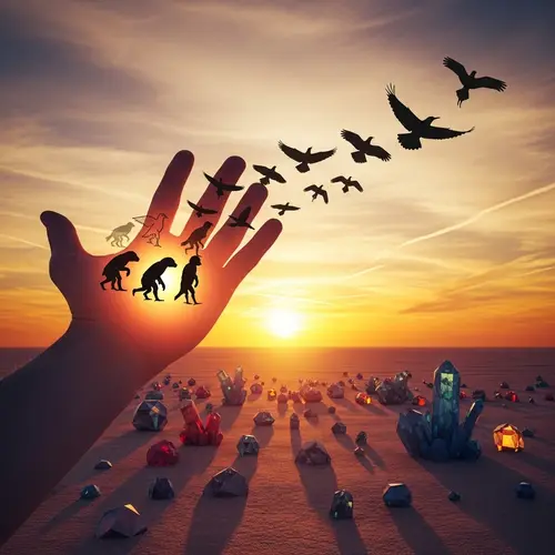 Bird Evolution in Sunset: Futuristic Desert Landscape