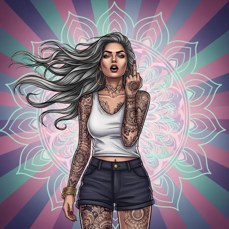 Rebellious Illustration of Defiant South Asian Woman with Tattoos