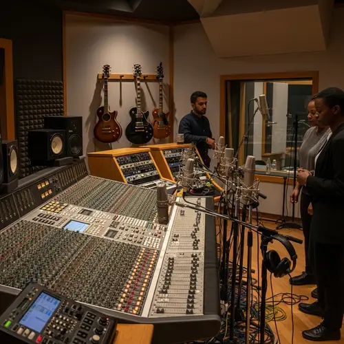Professional Recording Studio with Sound Mixing Console and Guitars