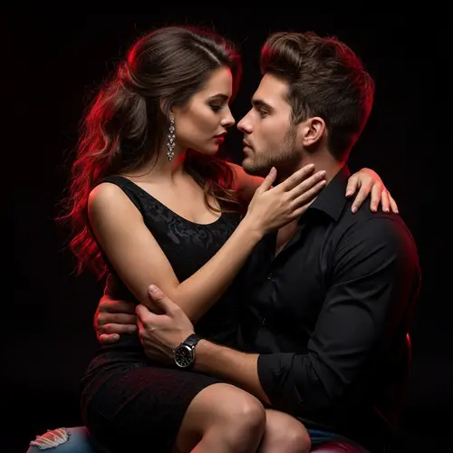 Romantic Novel Scene: European Woman and American Man in Affectionate Embrace