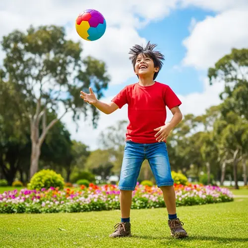 Joyful Hispanic Boy Playing with Colorful Ball in Lush Park