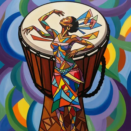 Abstract Painting of Djembe Drum with Cubist African Woman