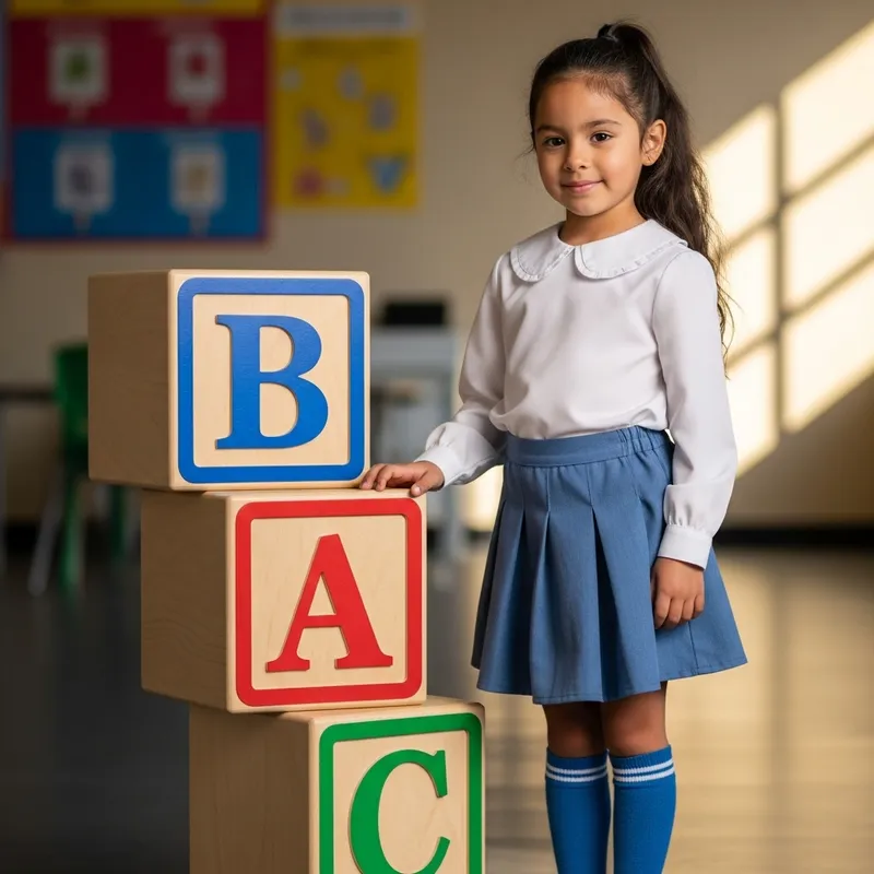Beautiful Hispanic Girl in School Uniform Next to ABC Letter Blocks